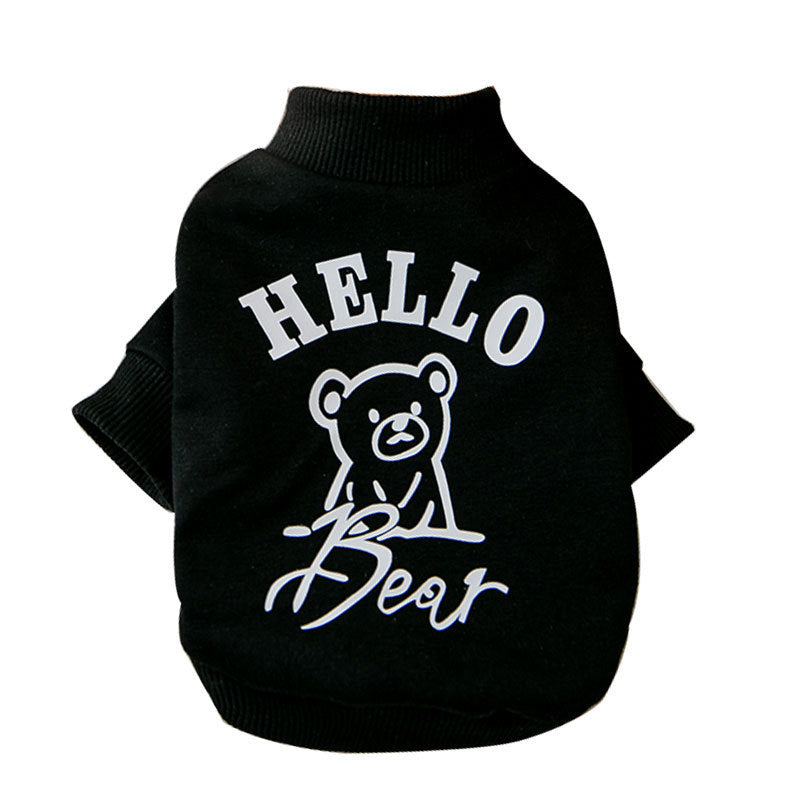 Pull noir pour chien avec imprimé ours et texte 'Hello Bear', tendance et confortable pour petits animaux.