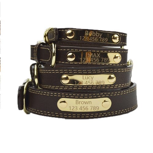 Colliers pour chiens personnalisés en cuir microfibre avec gravures, disponibles en différentes tailles.