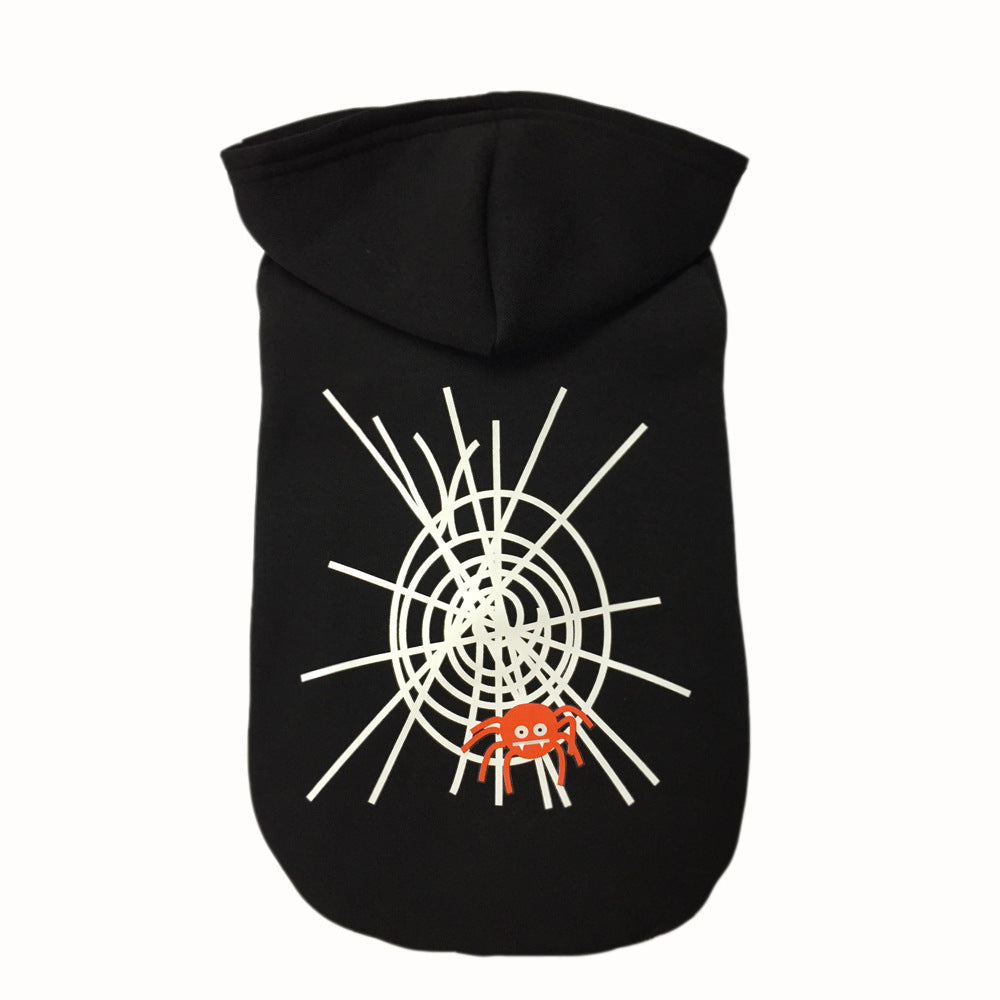 Manteau Halloween pour chien noir avec motif de toile d'araignée et araignée rouge.