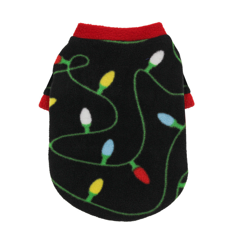 Pull pour chien en polaire noire avec motifs de lumières de Noël pour garder votre animal au chaud.