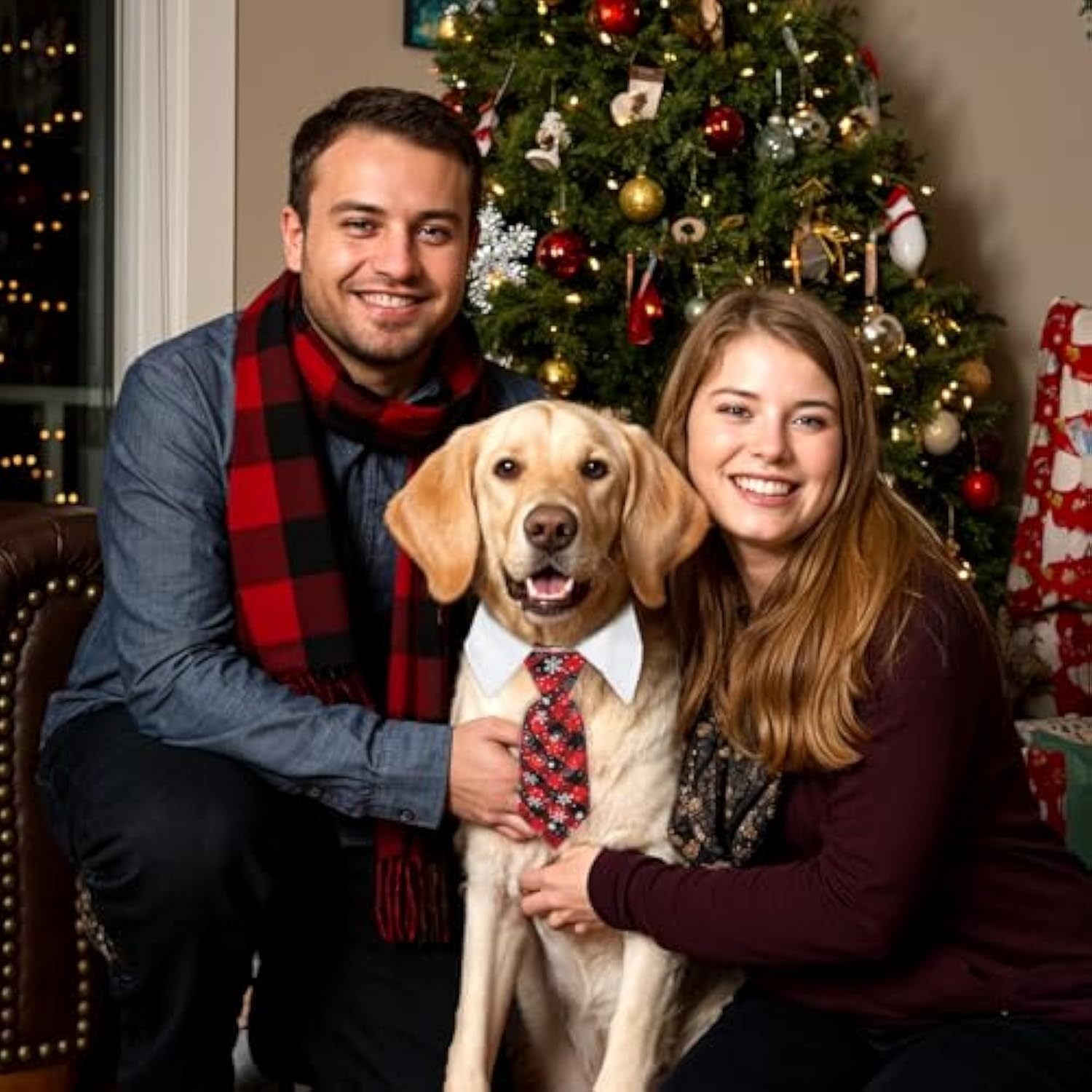 Couple with a dog in a festive setting, dog wearing a Christmas bow tie, surrounded by holiday decorations.