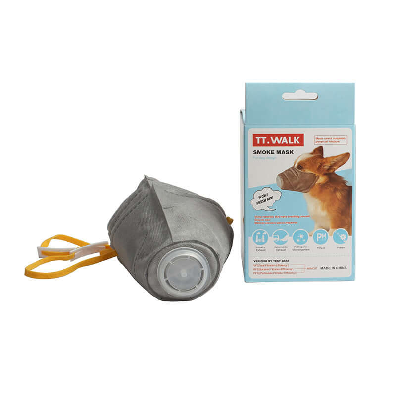 Masque anti-brouillard pour chiens, protection respiratoire contre pollution et allergènes, packaging inclus.