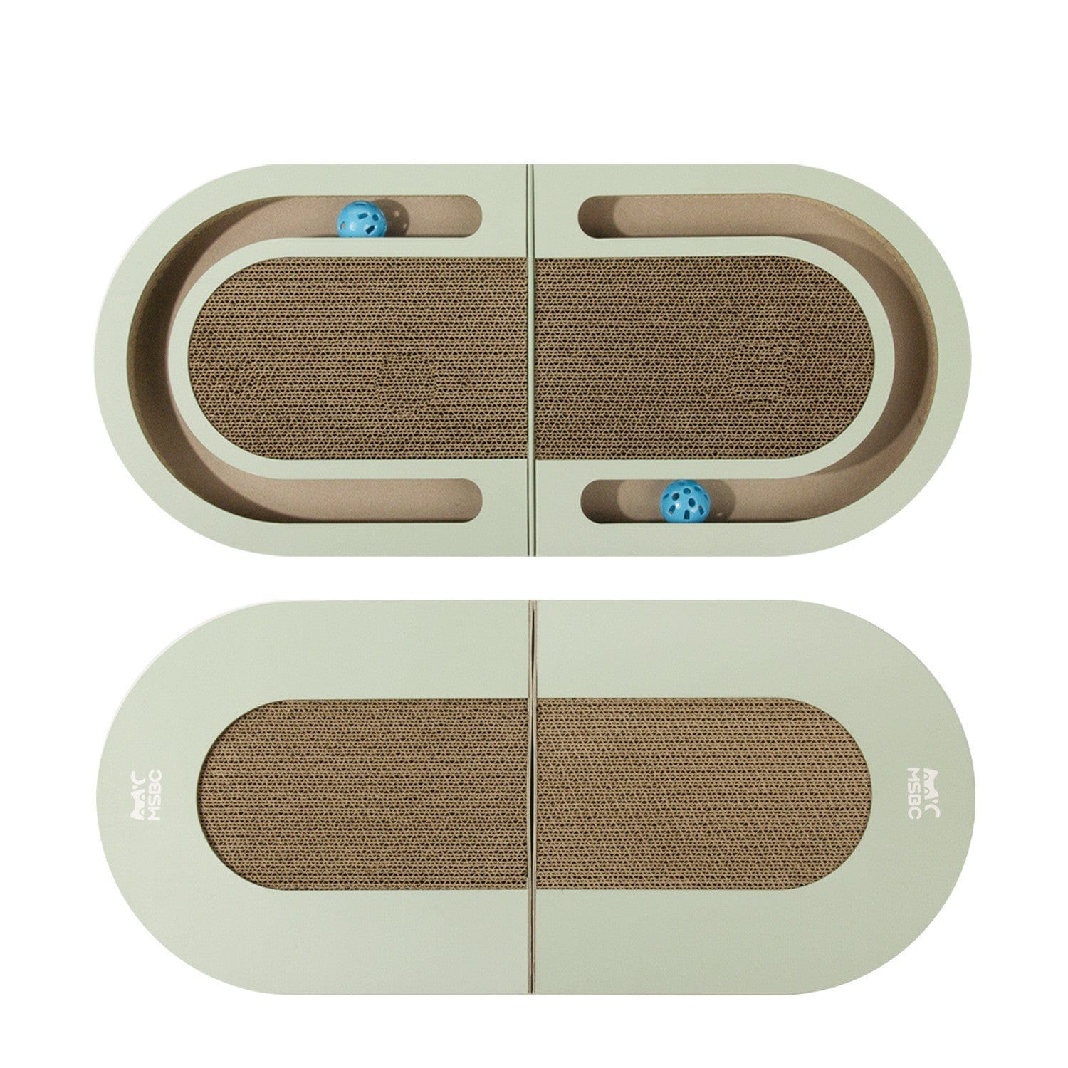 Planche à griffer pliable pour chat avec balle en papier ondulé, espace de jeu sécurisé et écologique.