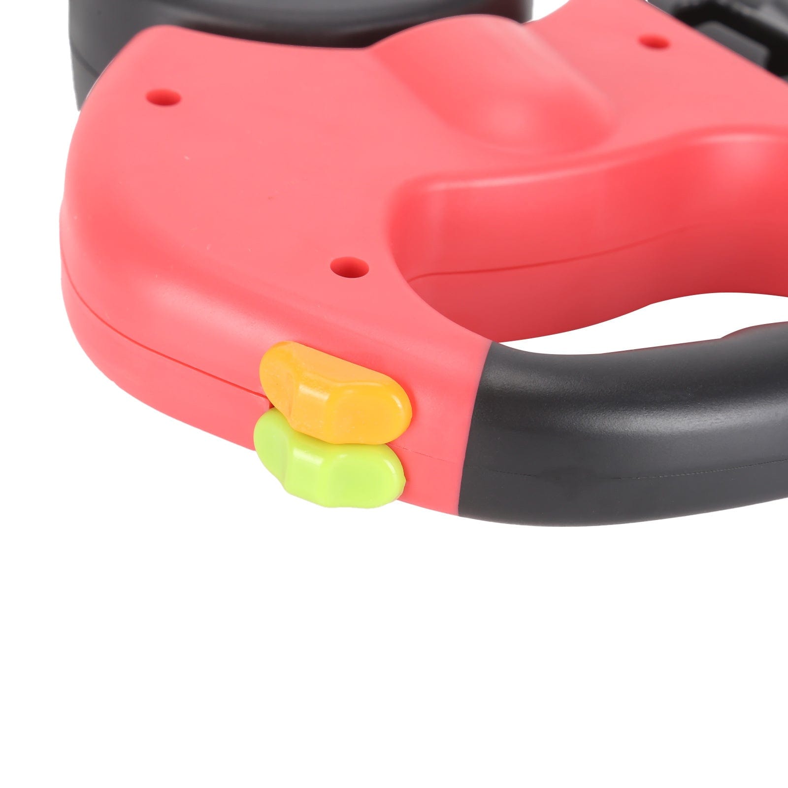 Détails de la poignée de la laisse à chiens double tête multicolore avec boutons de contrôle en vert et jaune.