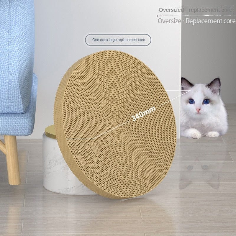 Planche à gratter ronde pour chat en papier ondulé, conçue pour protéger vos meubles et offrir un espace de jeu.