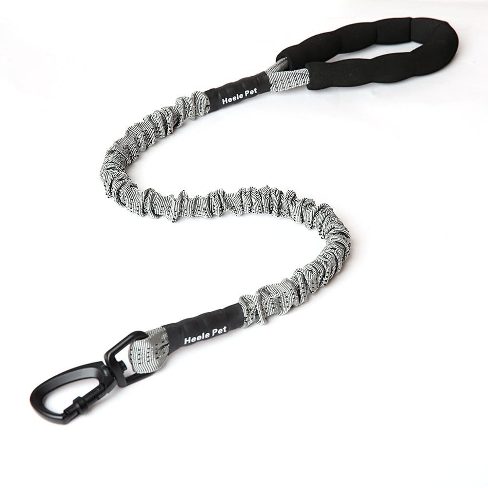 Corde de traction élastique pour chien, noire et grise, idéale pour les promenades avec confort et sécurité.