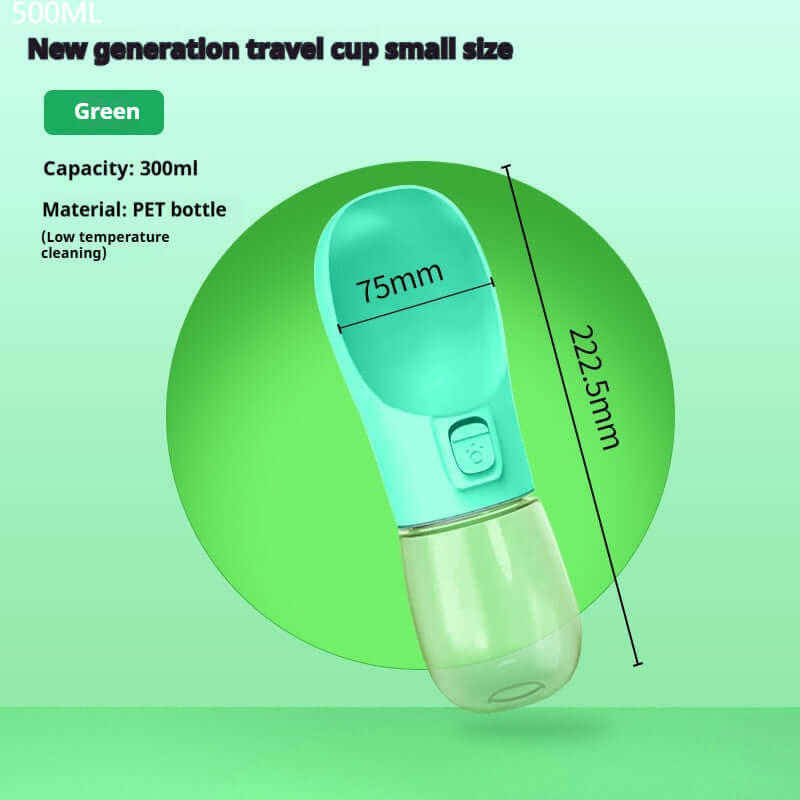 Bouteille d'eau portable verte pour chien, 300ml en plastique PET, idéale pour randonnées et voyages.