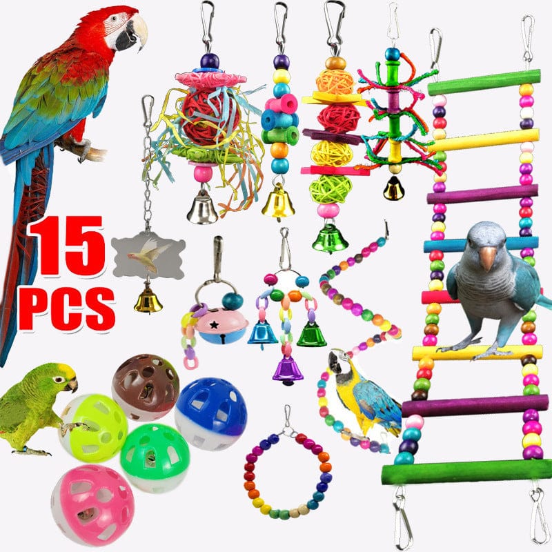 Jouet combiné pour perroquet - Set de 10 pièces en bois
