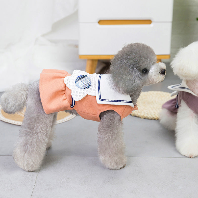 Chien en jupe à fleurs orange avec nœud blanc, élégant et confortable, parfait pour les animaux de compagnie.