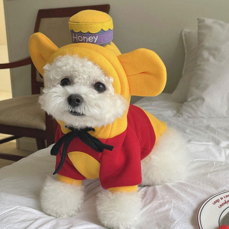 Chien portant un costume color block inspiré de Winnie l'Ourson, sur un lit.