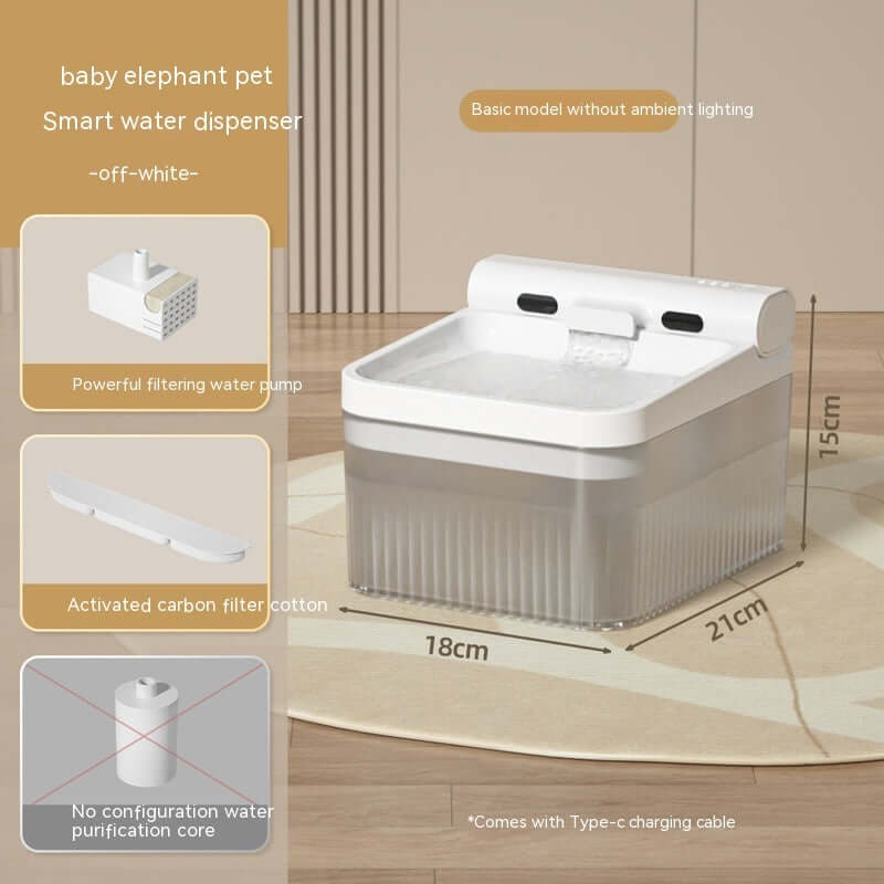 Distributeur d'eau intelligent pour animaux - modèle sans éclairage, avec filtre à charbon et pompe de filtration.