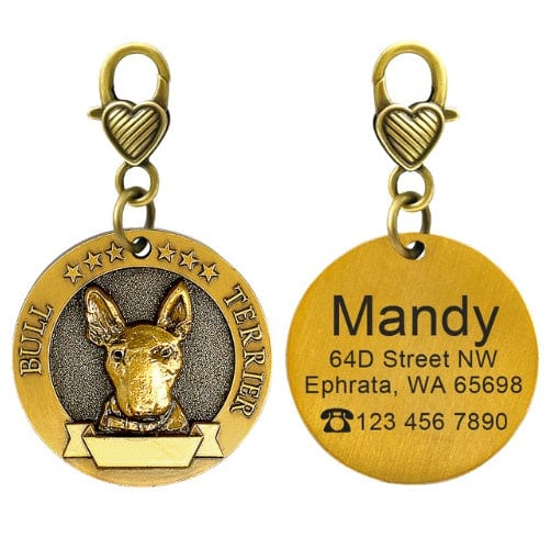 Porte-identité personnalisé en bronze pour chien avec gravure et clip, idéal pour identification sécurisée.