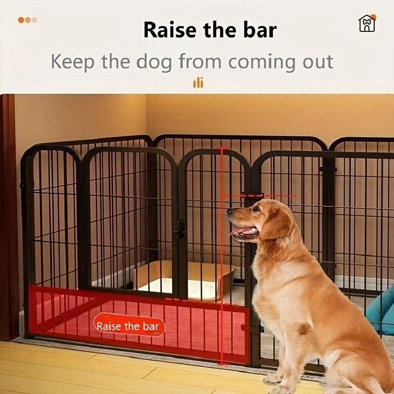 Clôture en fer forgé moderne pour animaux, empêchant un chien de sortir, avec un design élégant.