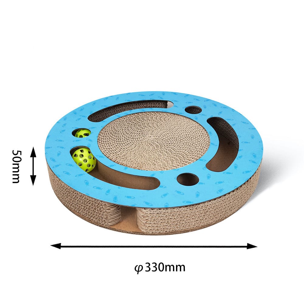 Planche à gratter ronde pour chats, avec balles colorées pour jouer, en papier de qualité et design élégant.