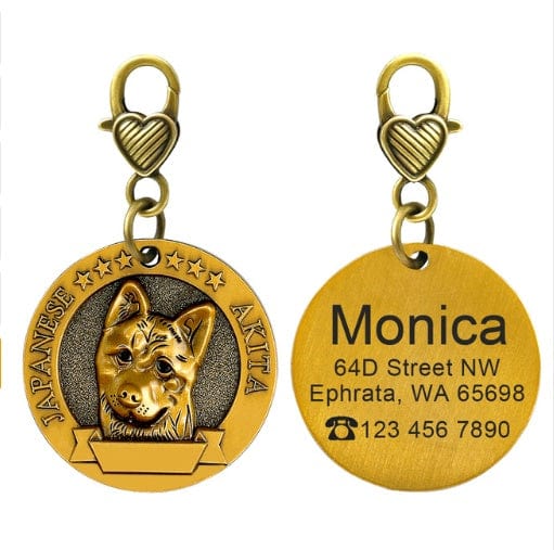 Porte-Identité Personnalisé en bronze pour chien avec nom et info de contact, accessoire élégant pour chien.