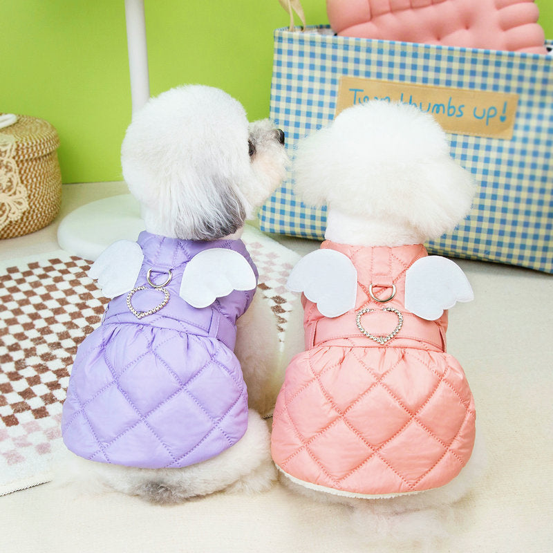 Jupe en coton épais pour chiens avec ailes d'ange, disponibles en rose et violet, parfaite pour petits chiens.