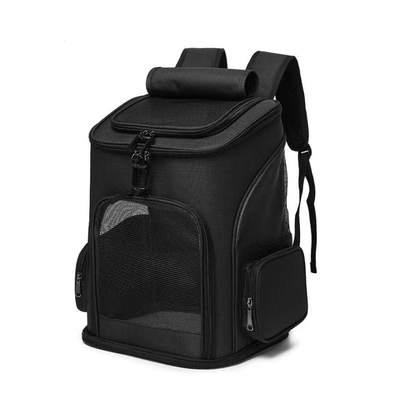 Sac à dos pour animaux extensible noir avec filets aérés pour confort et ventilation.
