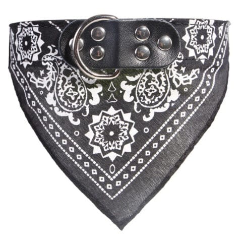 Collier pour chien personnalisé en cuir microfibre avec motif bandana noir et blanc, durable et stylé.