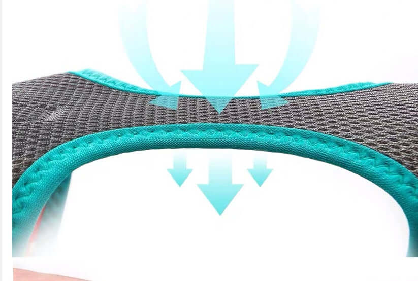 Close-up of a breathable polyester dog harness with ergonomic design and cushioning.