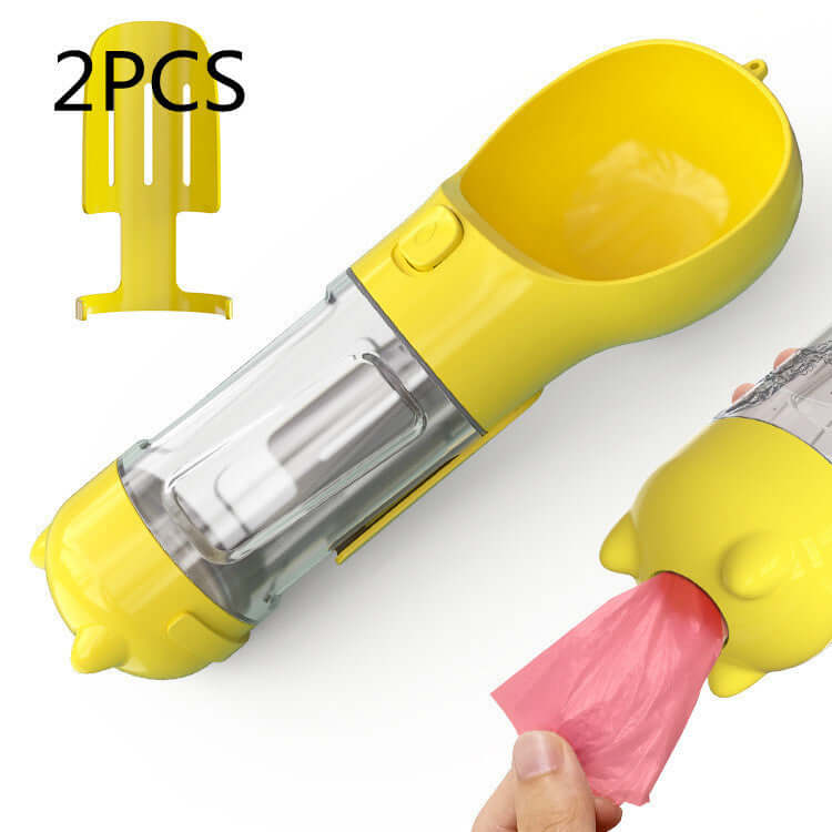 Bouteille d'eau portable pour animaux 3 en 1, avec distributeur de sacs, idéale pour balades et voyages.