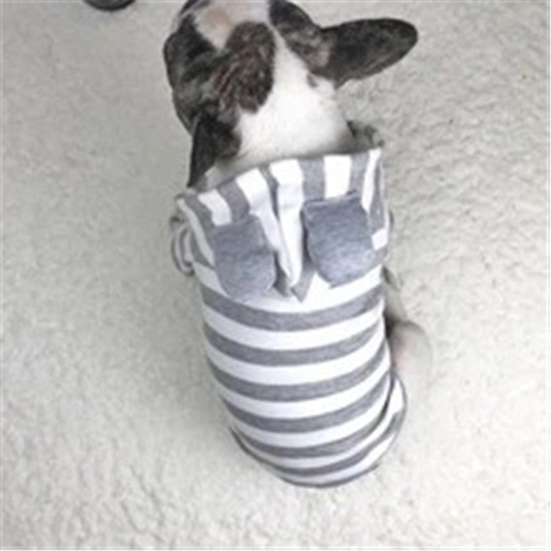 Chien en pull rayé gris avec capuche, confort et style pour animaux, idéal pour journées fraîches.