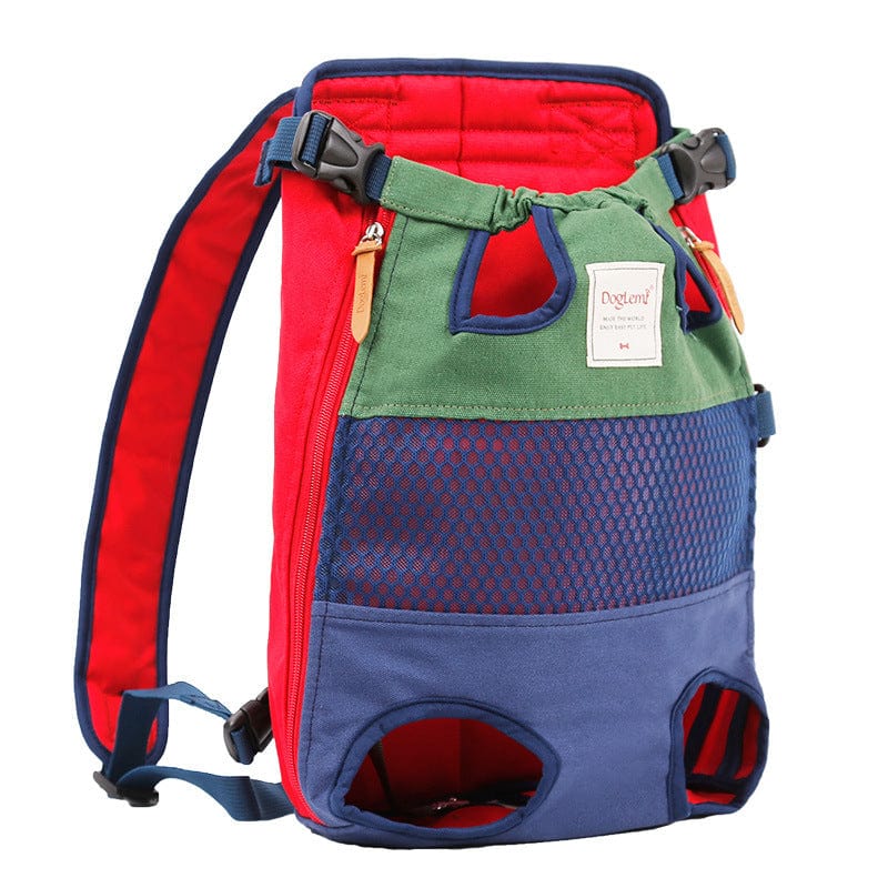 Sac à dos pour animaux en toile multicolore, design ergonomique et confortable pour sorties avec chiens et chats.