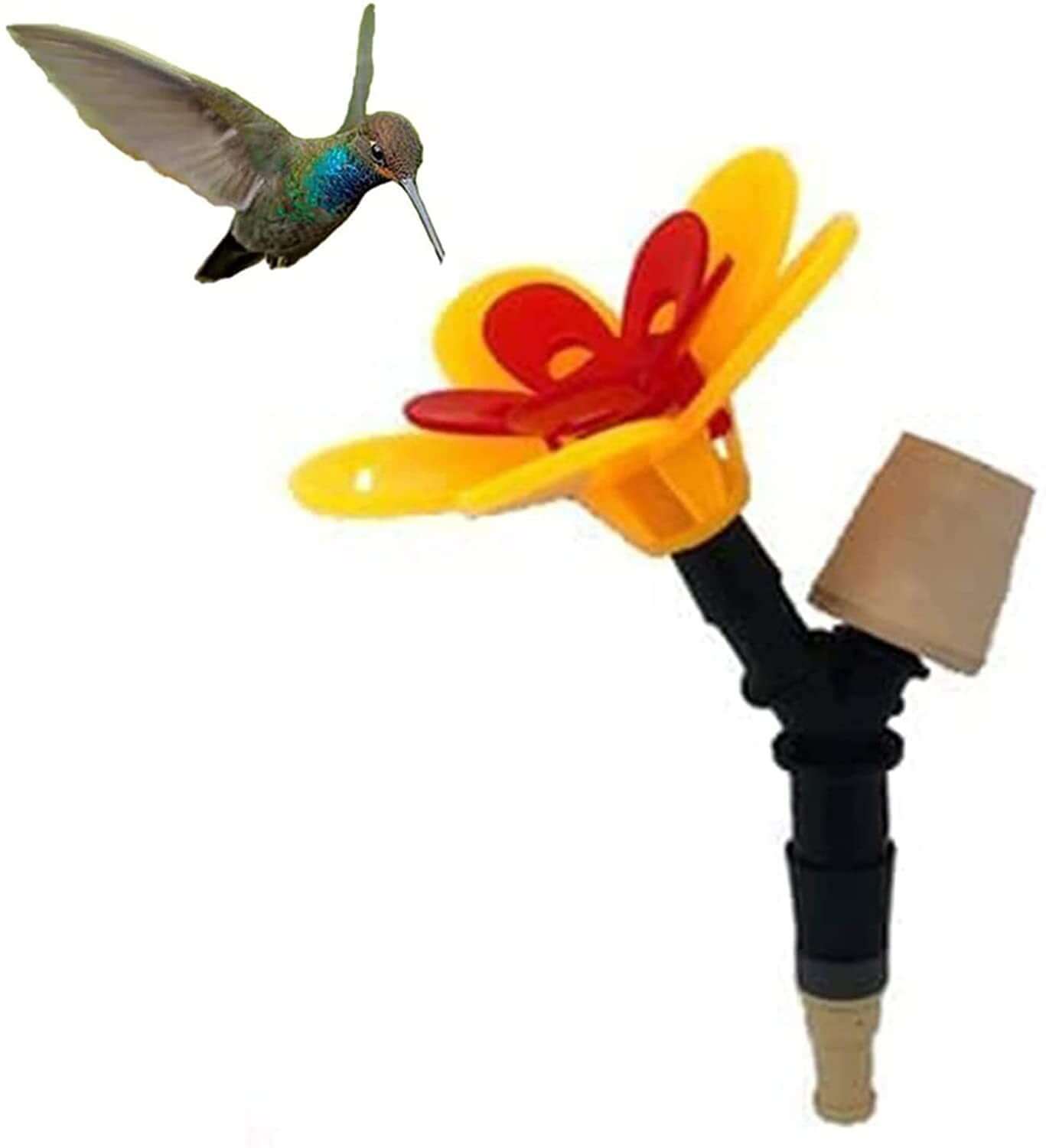 Distributeur de nectar coloré pour oiseaux avec colibri volant en arrière-plan.