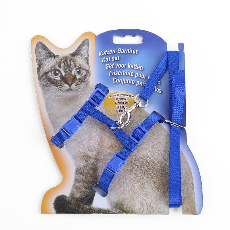 Harnais en nylon bleu pour chats, conçu pour le confort et la sécurité lors des promenades.