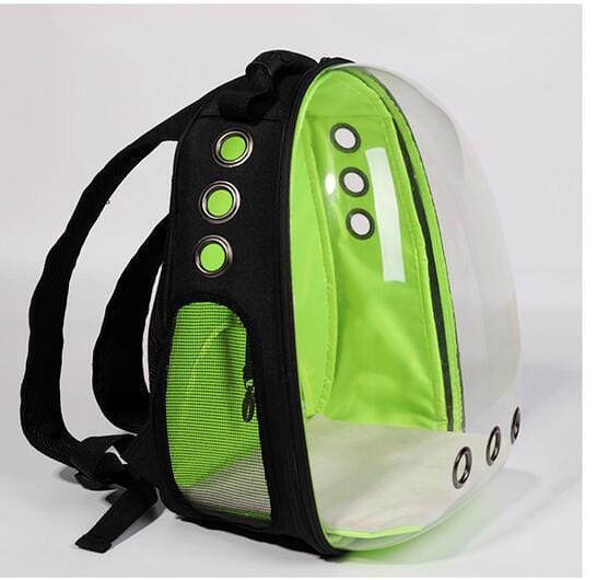 Sac à dos transparent pour animaux de compagnie, matériau en plastique, couleur verte et noire, design moderne.