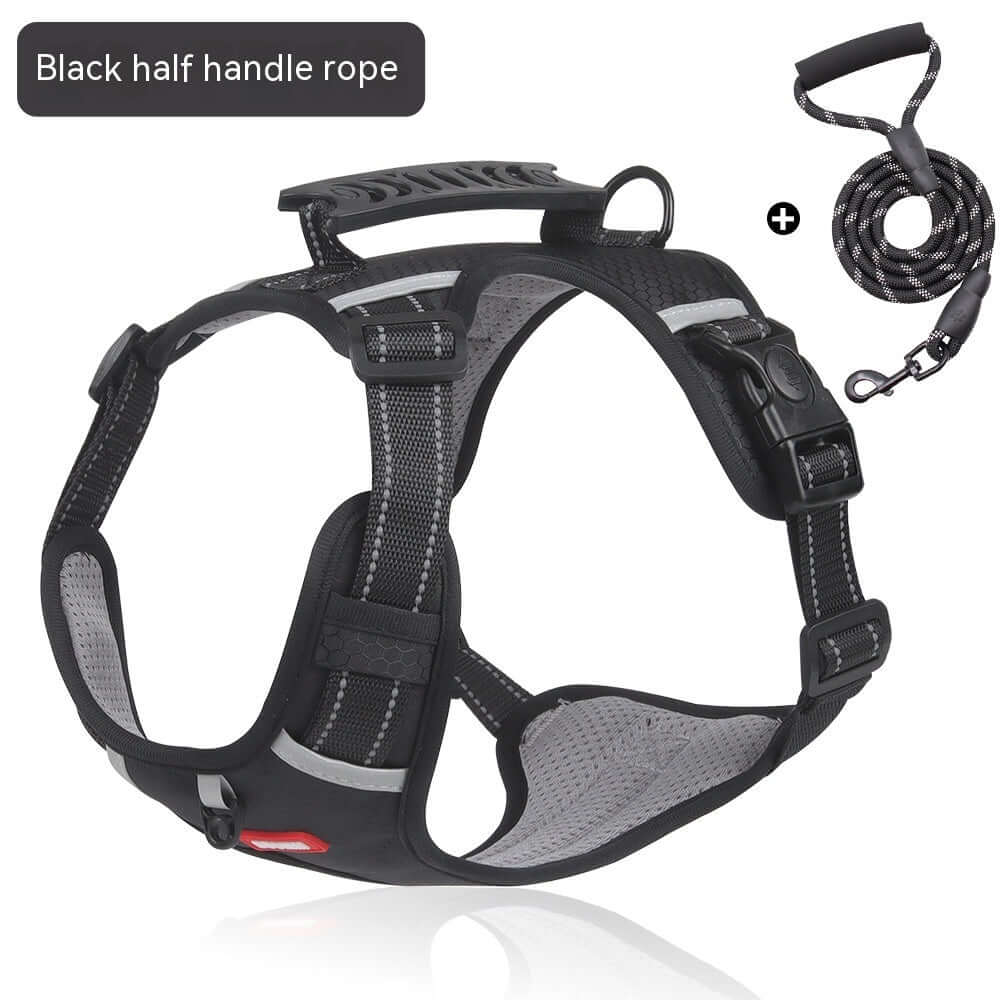 Harnais de sécurité pour animaux avec corde noire à poignée demi, matériel en tissu Oxford, design confortable et pratique.