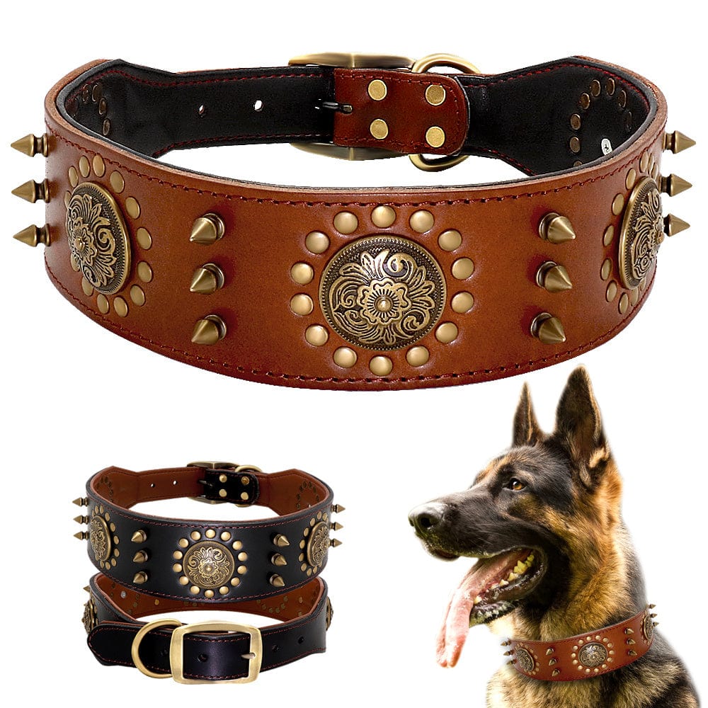 Collier pour chien large anti-morsure avec studs, cuir synthétique, style moderne pour chiens de grande taille.
