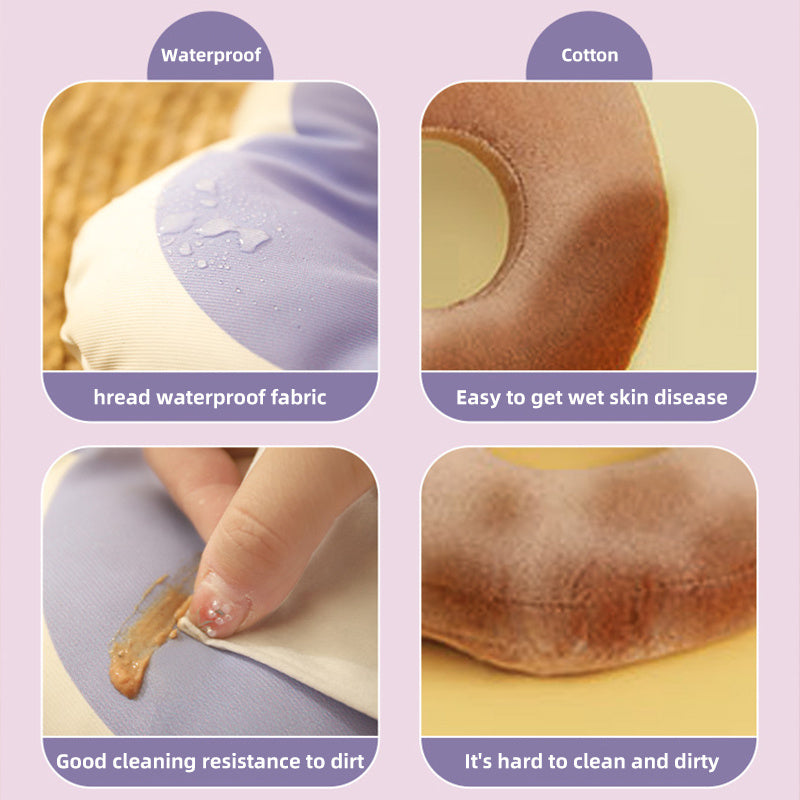 Image showcasing features of a waterproof cotton pet item, highlighting cleaning resistance and wet skin concerns.