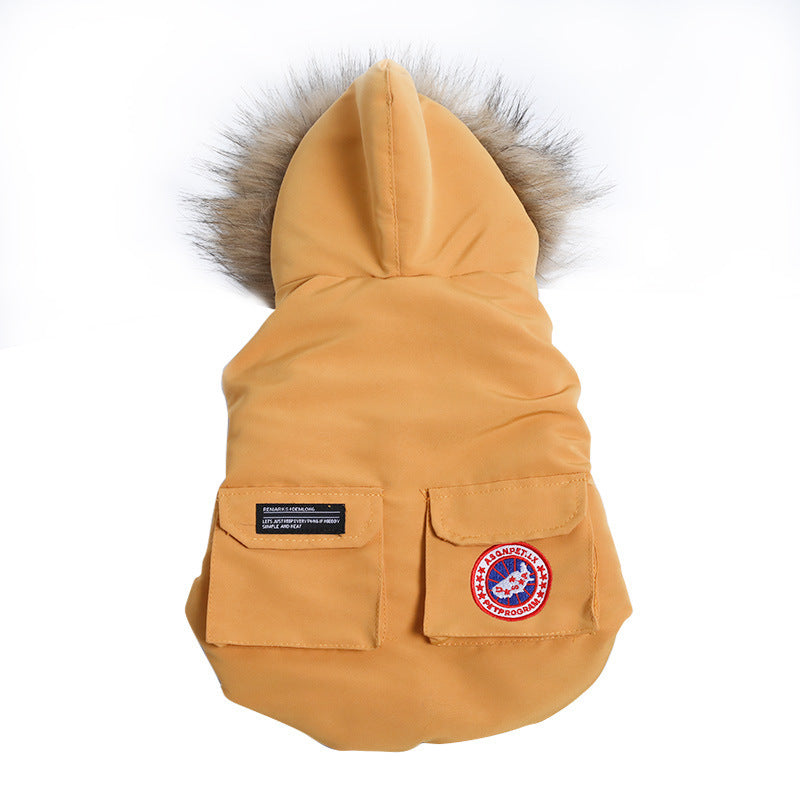 Gilet matelassé en coton Fadou pour chien avec capuche et poches, couleur orange, style décontracté.