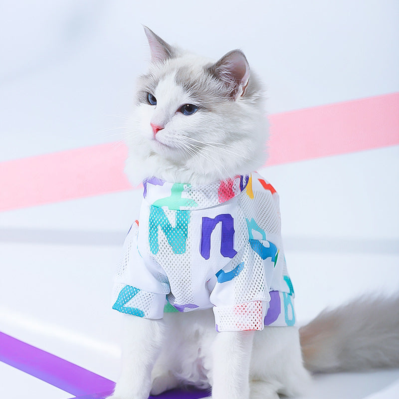 Chat portant un gilet antichute de poils coloré avec des motifs amusants, idéal pour la mode animale.