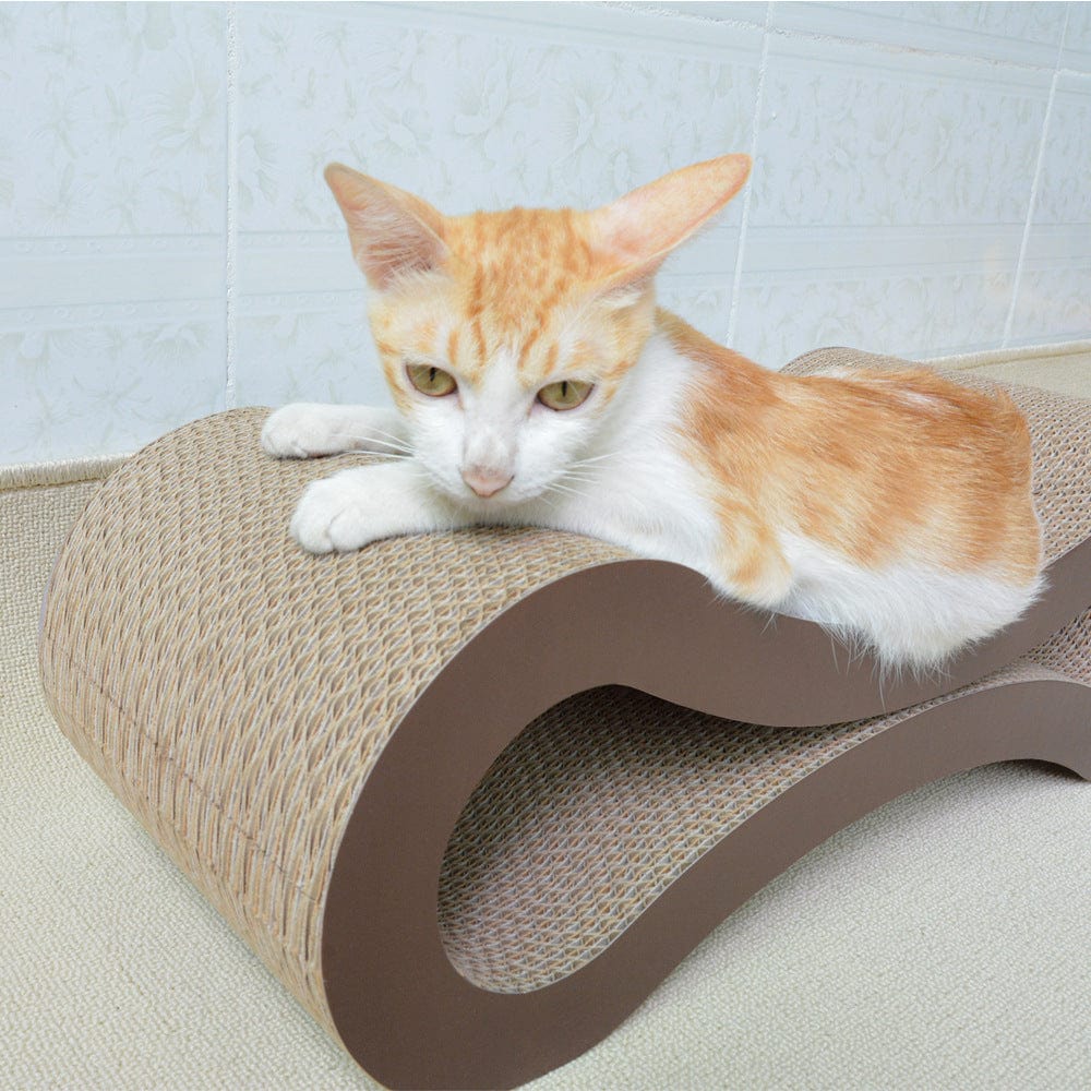 Chat orange sur une planche à gratter en carton ondulé, offrant un espace de détente pour les félins.