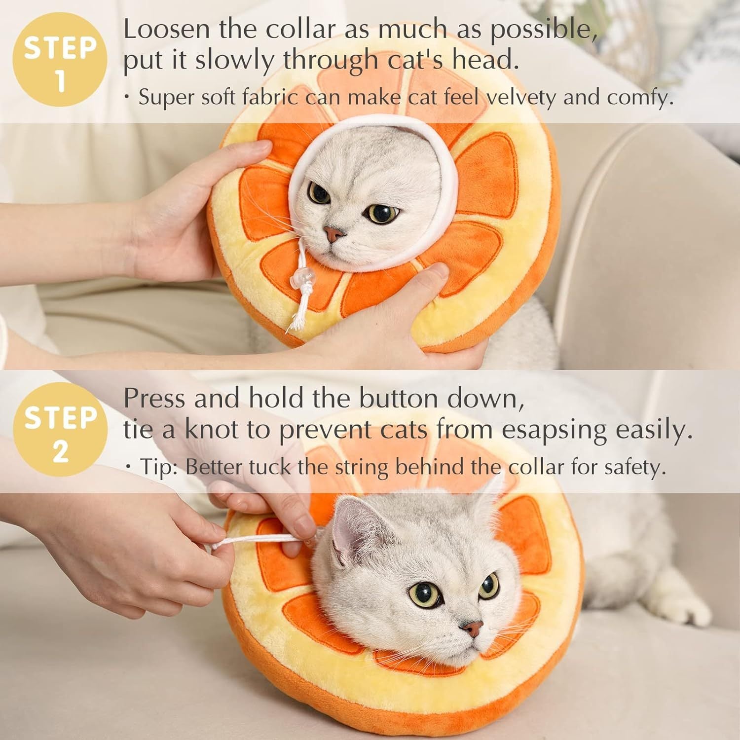 Instructions for adjusting a soft recovery collar for cats in a fun fruit design.