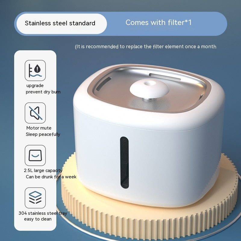 Distributeur d'eau intelligent pour animaux avec filtre, en acier inoxydable, design moderne et silencieux.