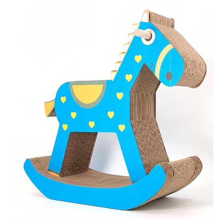 Planche à gratter pour chats en forme de cheval à bascule en carton, colorée et amusante.