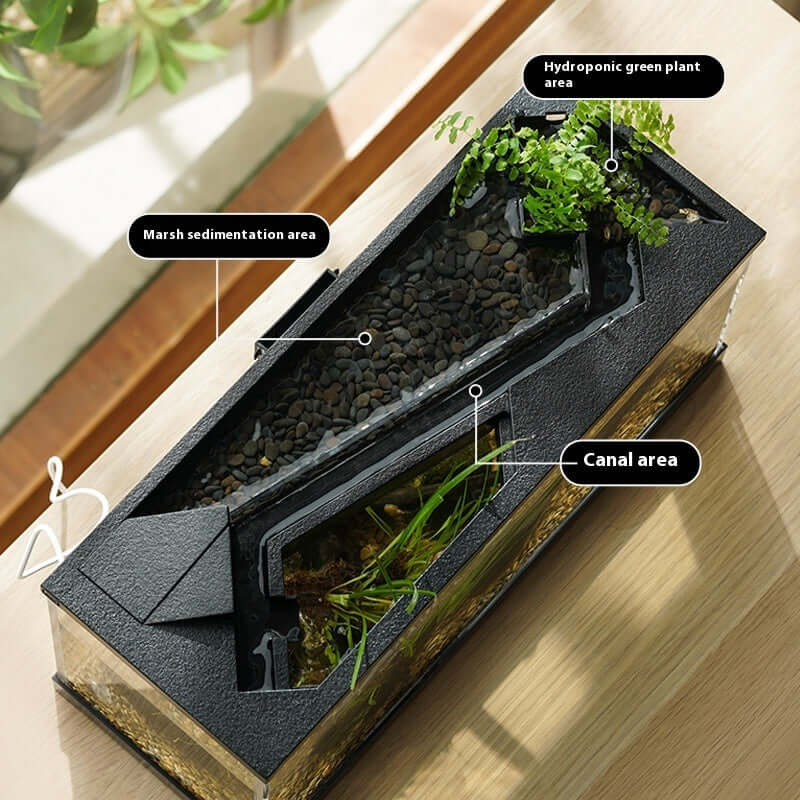Aquarium intégré en acrylique avec zones de plantes, sédimentation et canal, design moderne