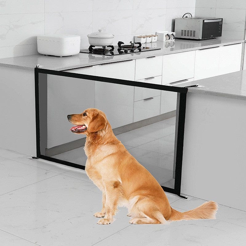 Réseau d'Isolation Portable pour chiens, offrant sécurité dans la cuisine, avec un golden retriever assis devant.