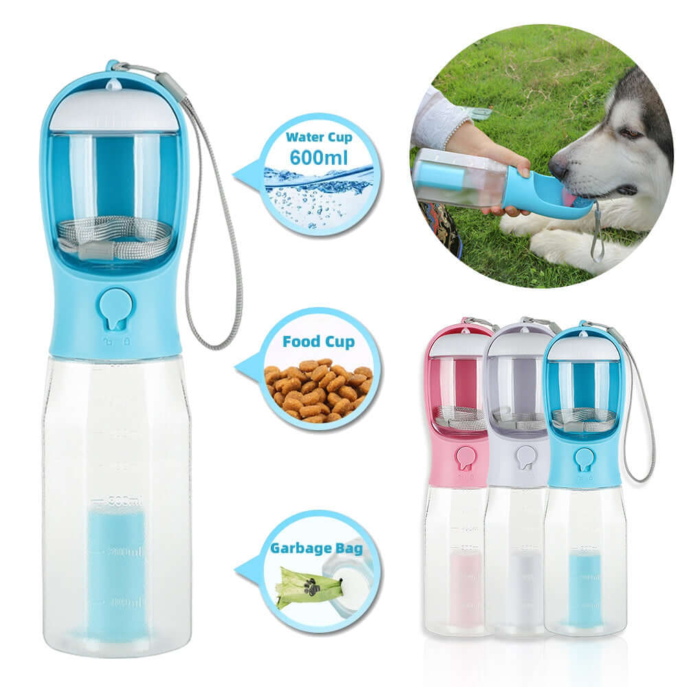 Bouteille d'eau portable 3 en 1 pour animaux, idéale pour chiens et chats, avec compartiment nourriture et sac poubelle.