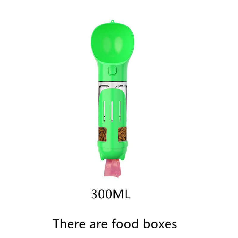 Bouteille d'eau multifonctionnelle verte pour animaux, capacité 300ml avec compartiments de nourriture.