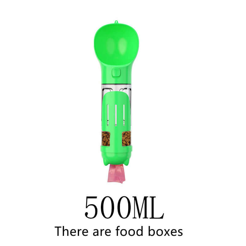 Bouteille d'eau multifonctionnelle verte de 500ML pour animaux avec compartiment pour nourriture.