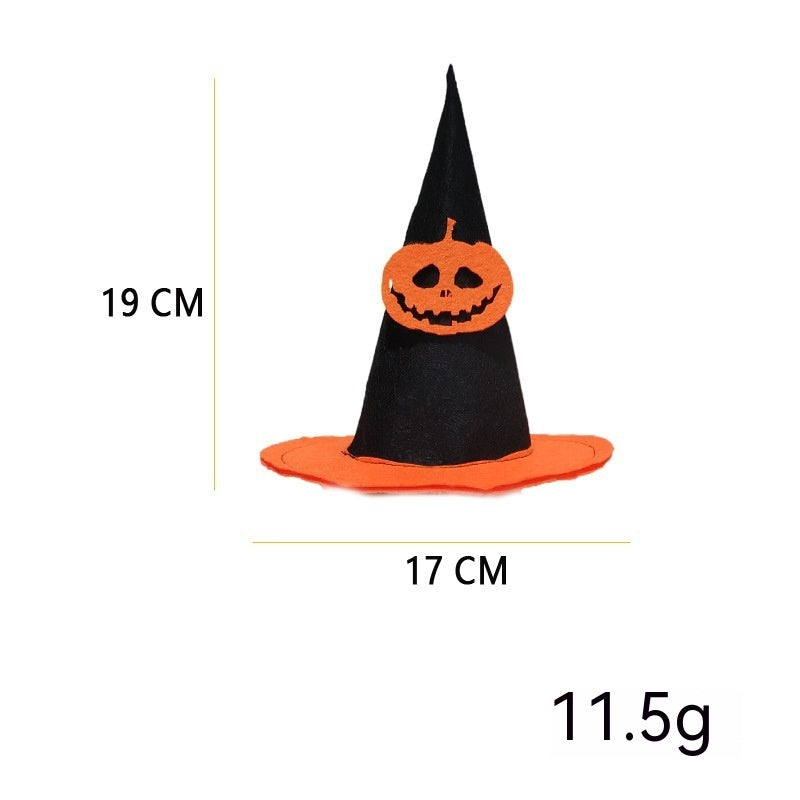 Chapeau de sorcière pour animaux avec décoration citrouille, idéal pour costumes d'Halloween.
