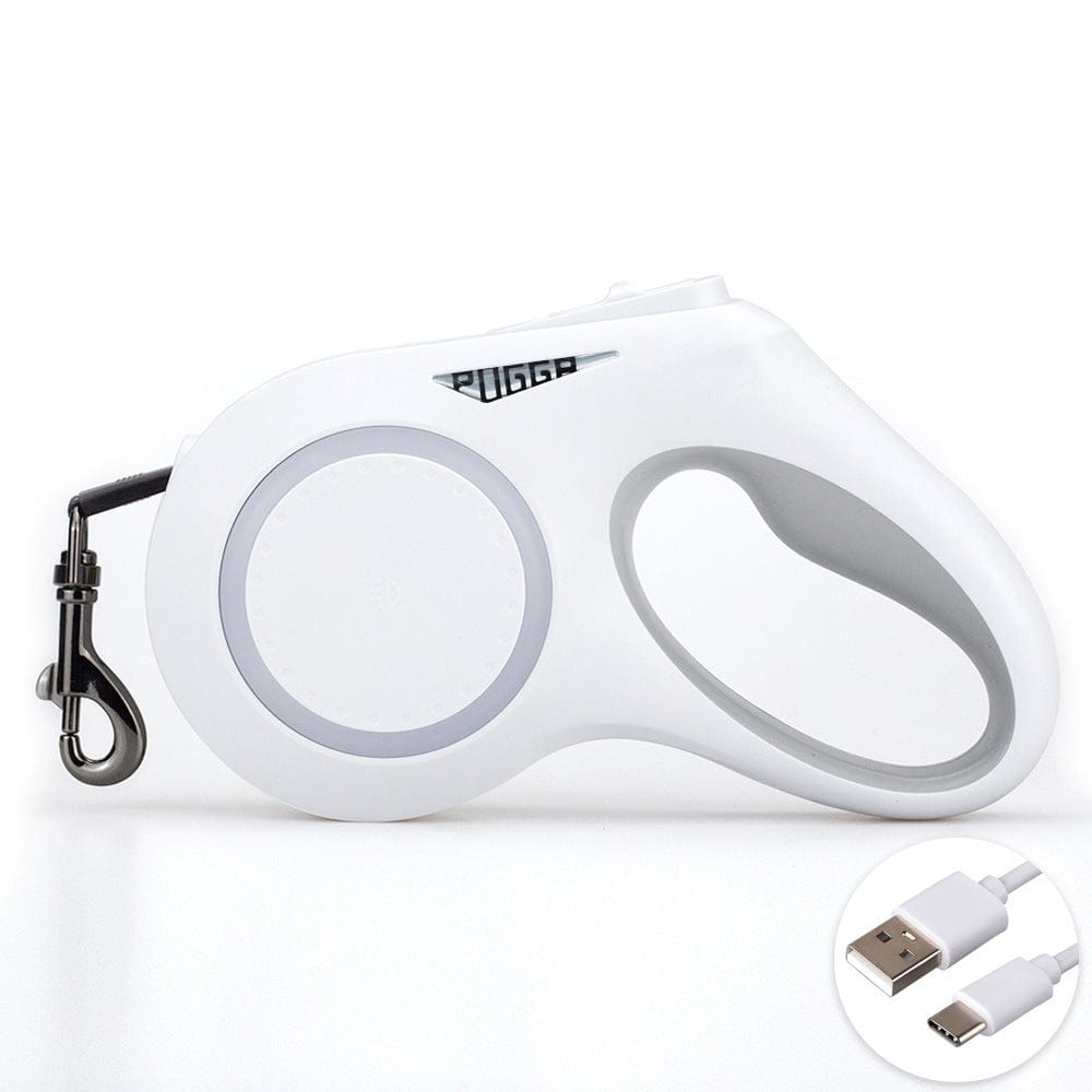 Laisse télescopique automatique pour animaux avec lumières, matériau ABS, longueur 5M, design ergonomique.
