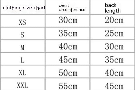 Size chart for personalized cotton dog clothing showing dimensions for various sizes: XS to XXL.