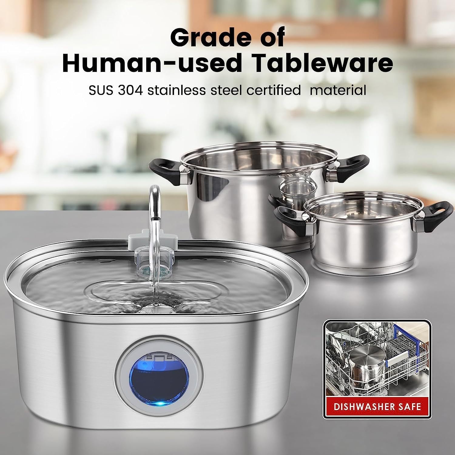 Contemporary stainless steel cookware set with dishwasher safe certification and durable SUS 304 material.