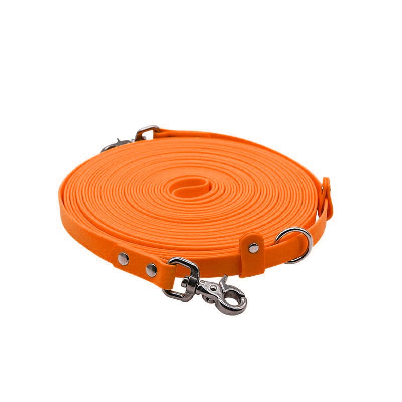 Laisse de traction double end étanche et résistante pour chiens, coloris orange, en PVC durable.