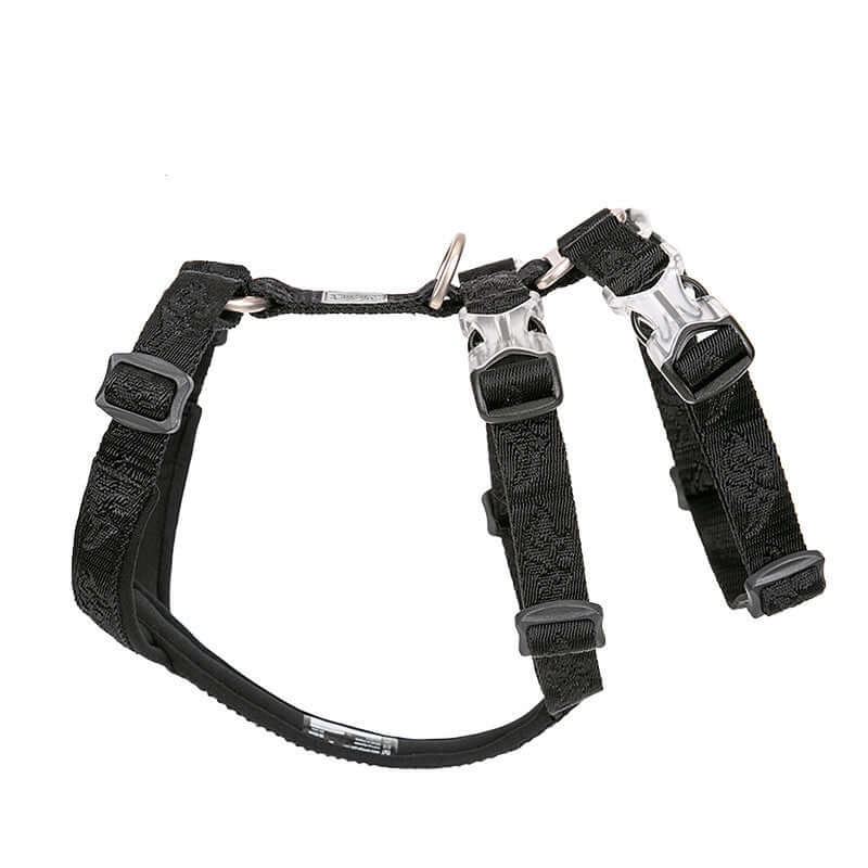 Harnais en nylon pour chien avec clips en aluminium, offrant confort et sécurité pendant les promenades.