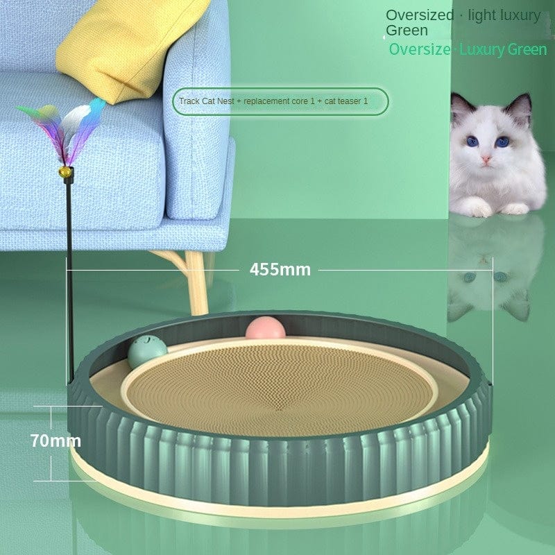 Planche à gratter ronde pour chat, avec jouets interactifs et coussin confortable, couleur vert luxe.